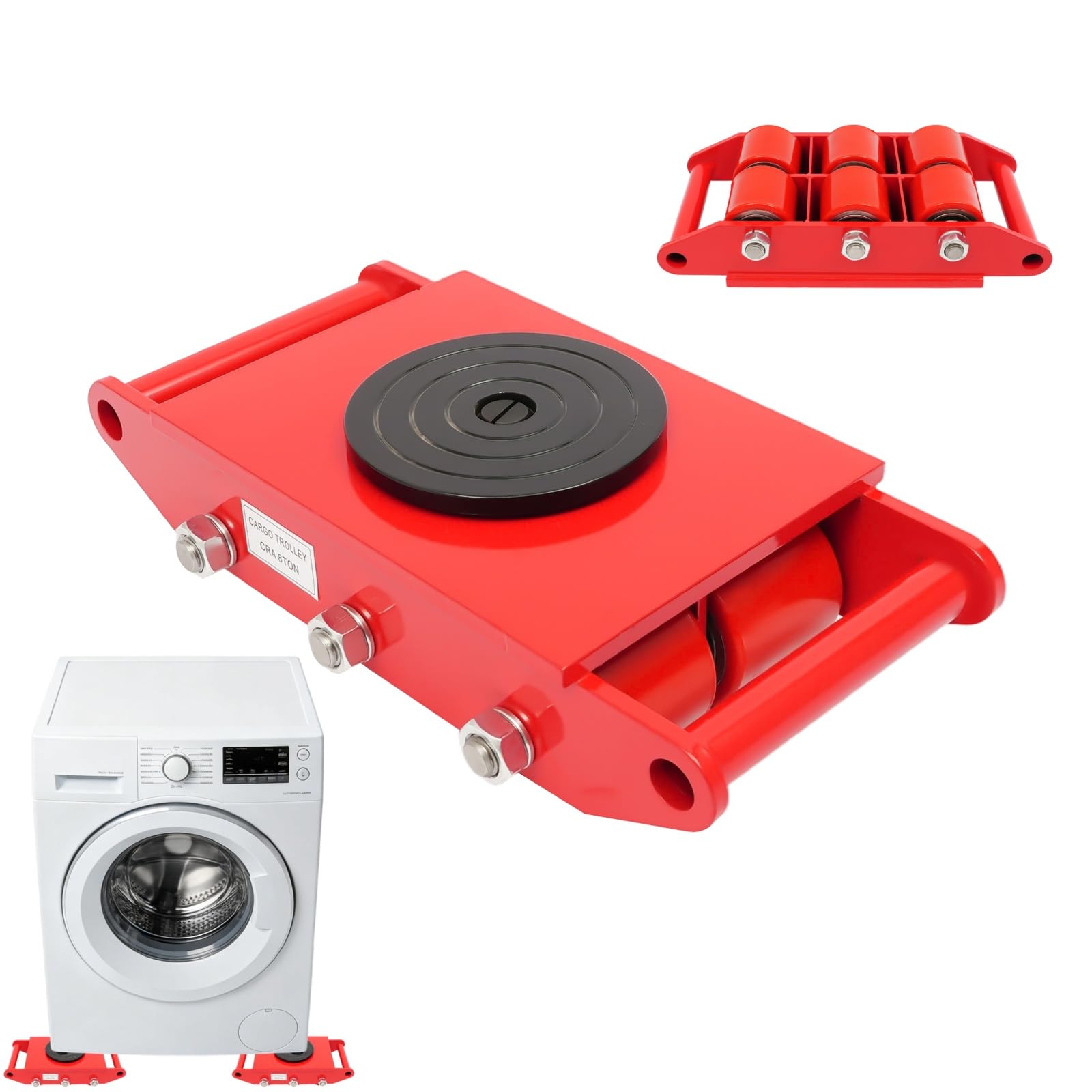 8T Machinery Mover Skate Dolly, Heavy Duty Machine Moving Skate with 6 PU Rollers, 8800 lbs Load Capacity for Warehouse, Workshop, Factory - Red
