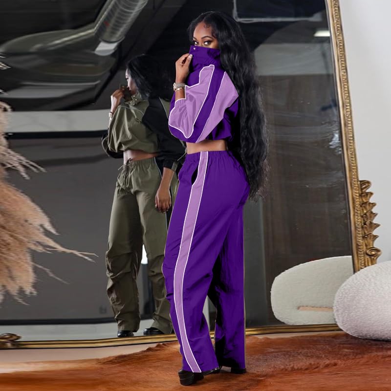 Mandonce Women's Y2K 2 Piece Long Sleeve Standing Collar Windbreaker and Cargo Pants Streetwear Casual Set4