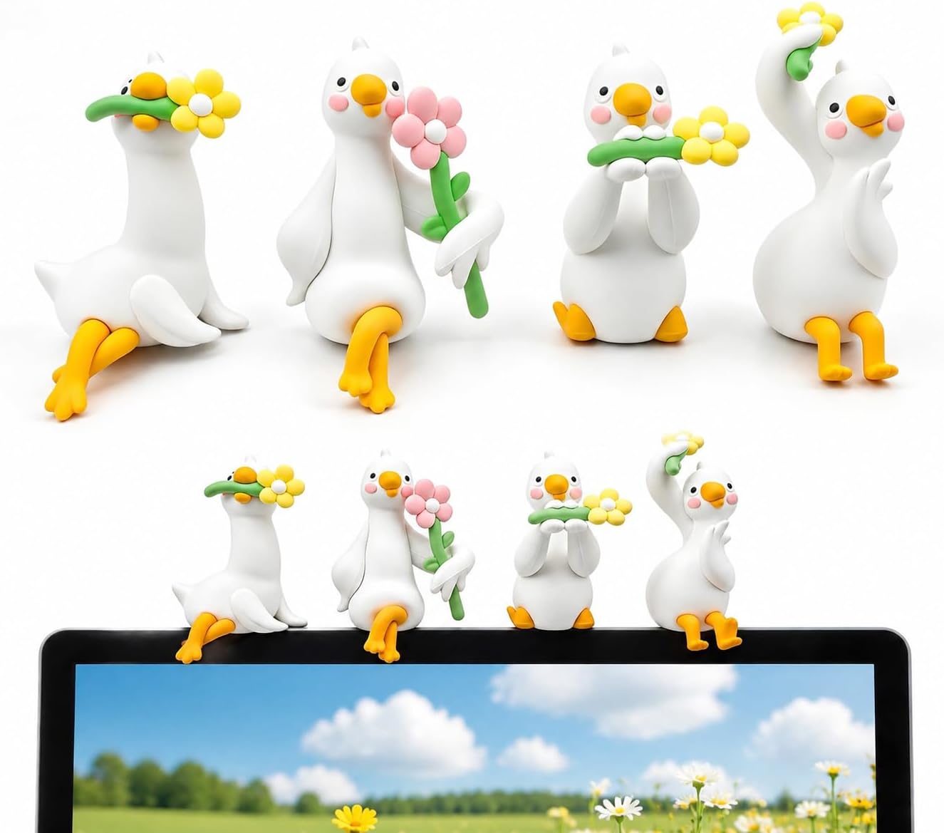 4Pcs Adorable Duck Figurines for Computer Monitor and Car Dashboard, Mini Resin Goose Decor, Cute Desk and Office Accessories, Funny Gift for Desk Decorations (White-Goose)