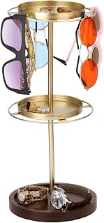 2-Tier Sunglasses Organizer, 360° Rotating Eyeglasses Stand with Wooden Base, 2-in-1 Glass Rack with Storage Tray for Watch Bracelet Ring Necklace Jewelry