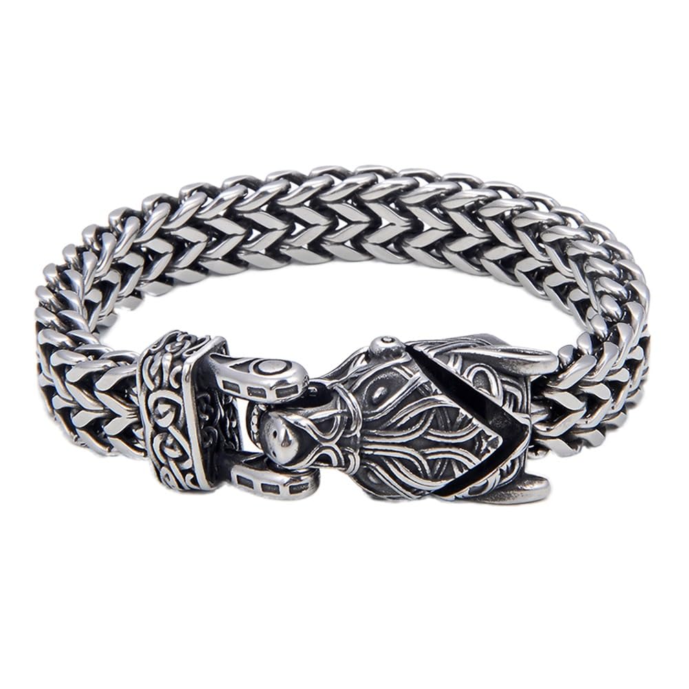 Oidea Bracciale Vichingo Uomo Con Testa Di Lupo – Acciaio Inox, Catena Cubana Larga 12 Mm – Gioiello Celtico Norreno
