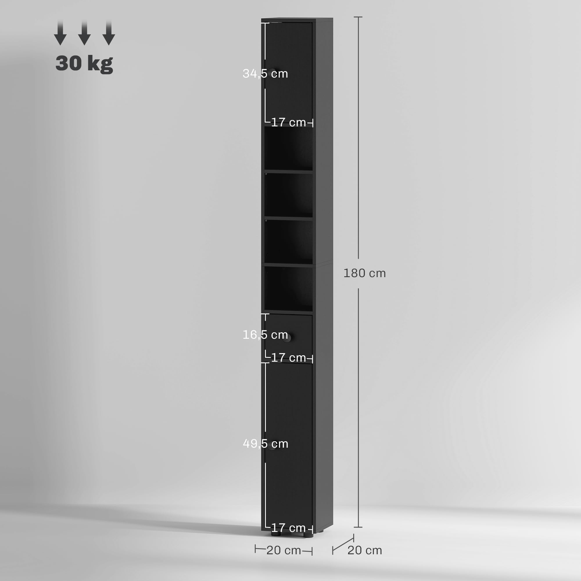kleankin Armario de Baño Alto, Columna de Baño Estrecha con 1 Cajón, 4 Estantes Abiertos y Estantes Ajustables, 2 Puertas, Estilo Moderno, para Espacios Pequeños, 20x20x180 cm, Negro