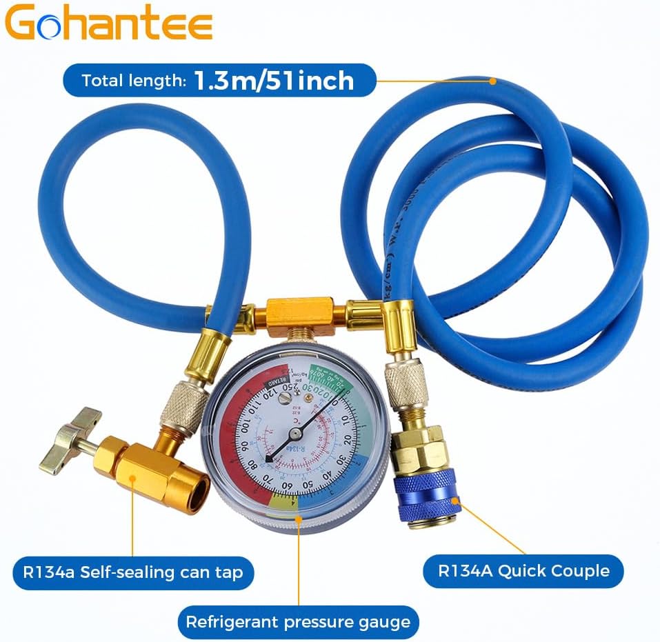 R134a Recharge Hose Kit with Gauge, 51'' AC Refrigerant Recharging Hose Measuring Kit, Self-sealing R-134a Can Tap Refrigerant Dispenser to R-12/R-22 port, Include R134a Low Side Quick Couple