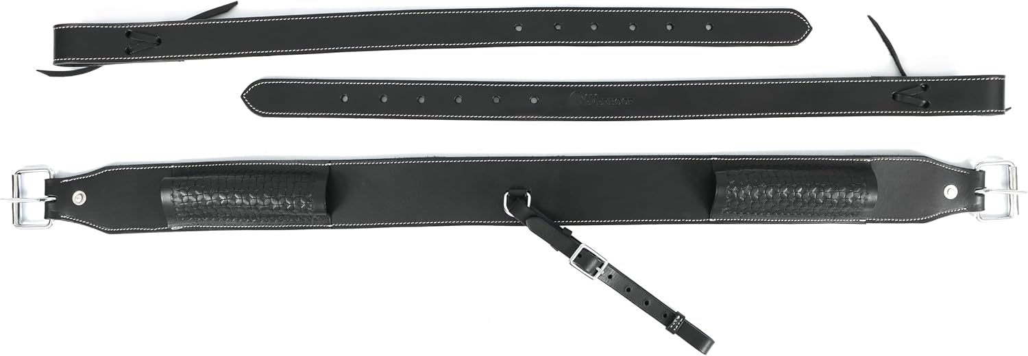 Western Genuine Leather Horse Girth Adjustable Rear Back Cinch Girth with Metal Buckles for Horse Riding (Black)
