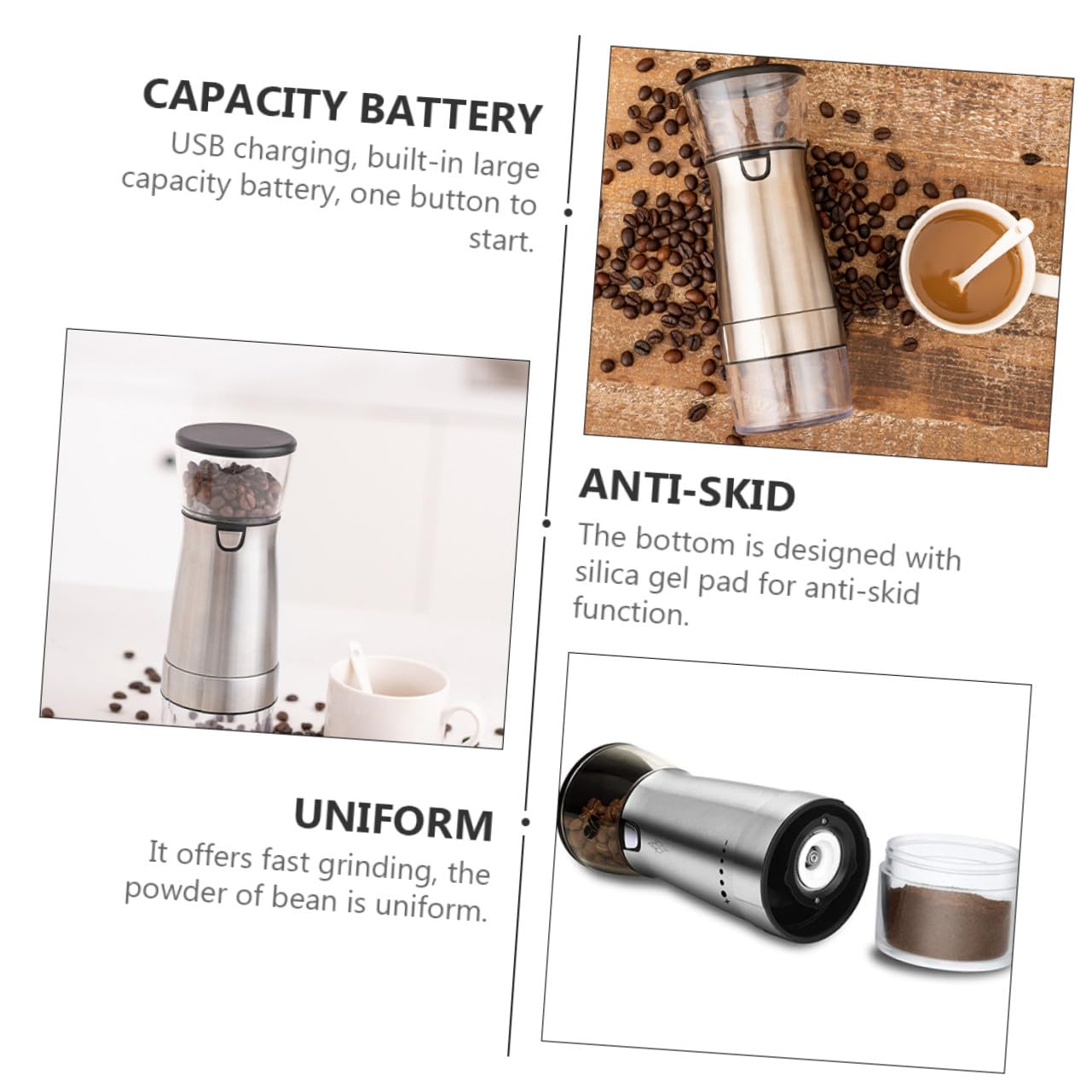 Molinillo Eléctrico de Acero Inoxidable para Café Ajuste de Cinco Niveles | Carga Usb, Grosor Regulable, Acabado Plata, Núcleo Cerámico y Piezas Pet, Pp y Abs