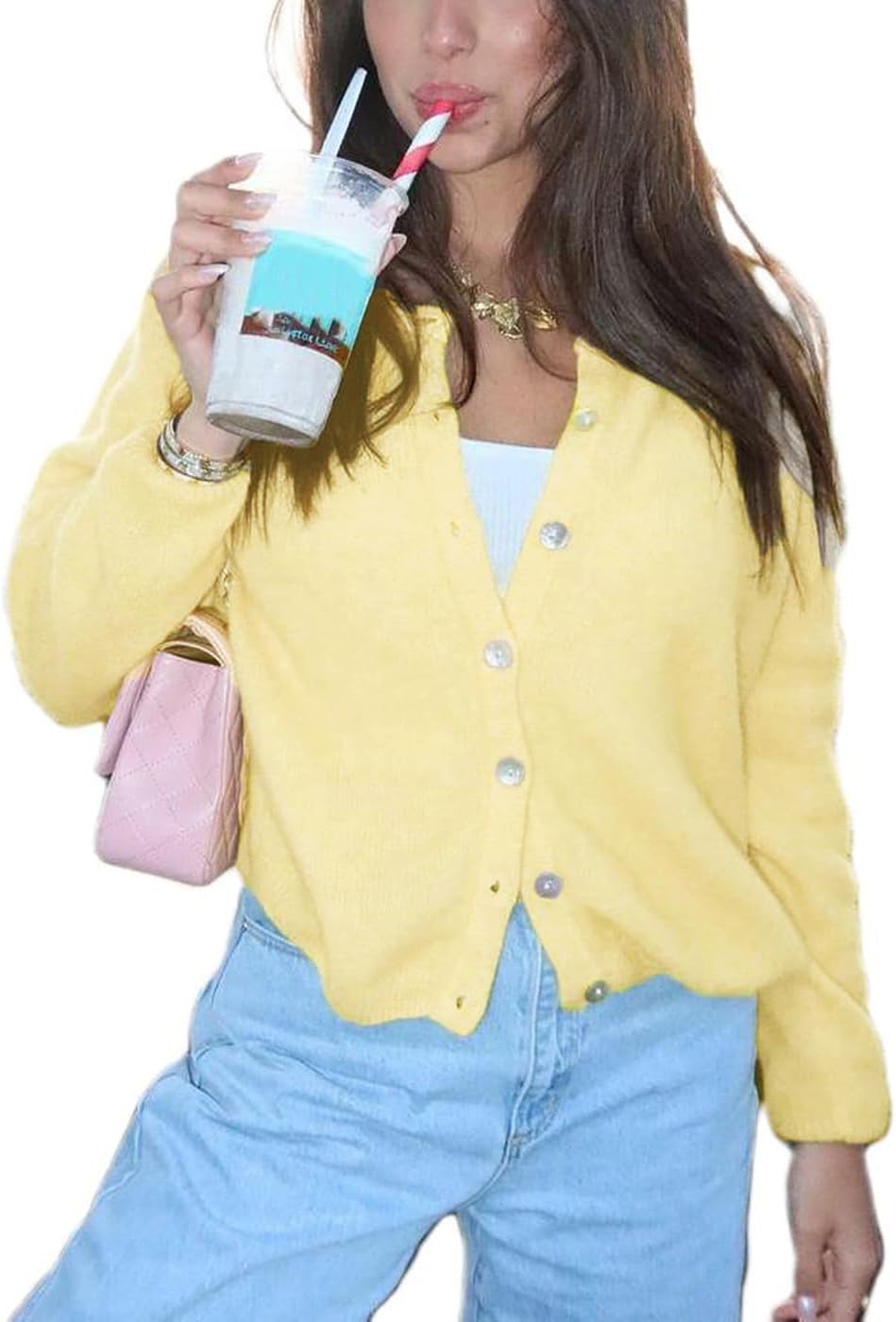 Women Button Down Cardigan Long Sleeve Crewneck Sweater Vintage Lightweight Knit Jacket Fall Going Out Top