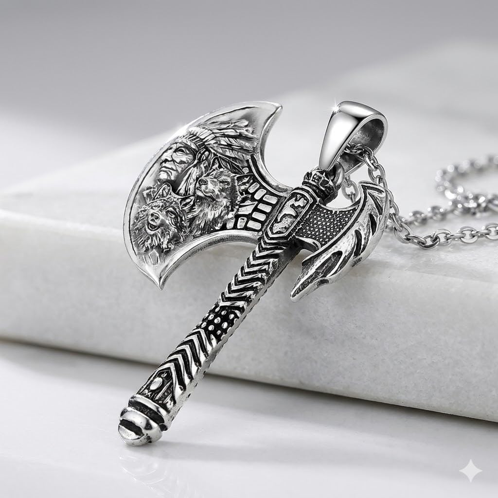 Indian Axe Pendant Necklace, Native American Wolf Design, Stainless Steel Chain