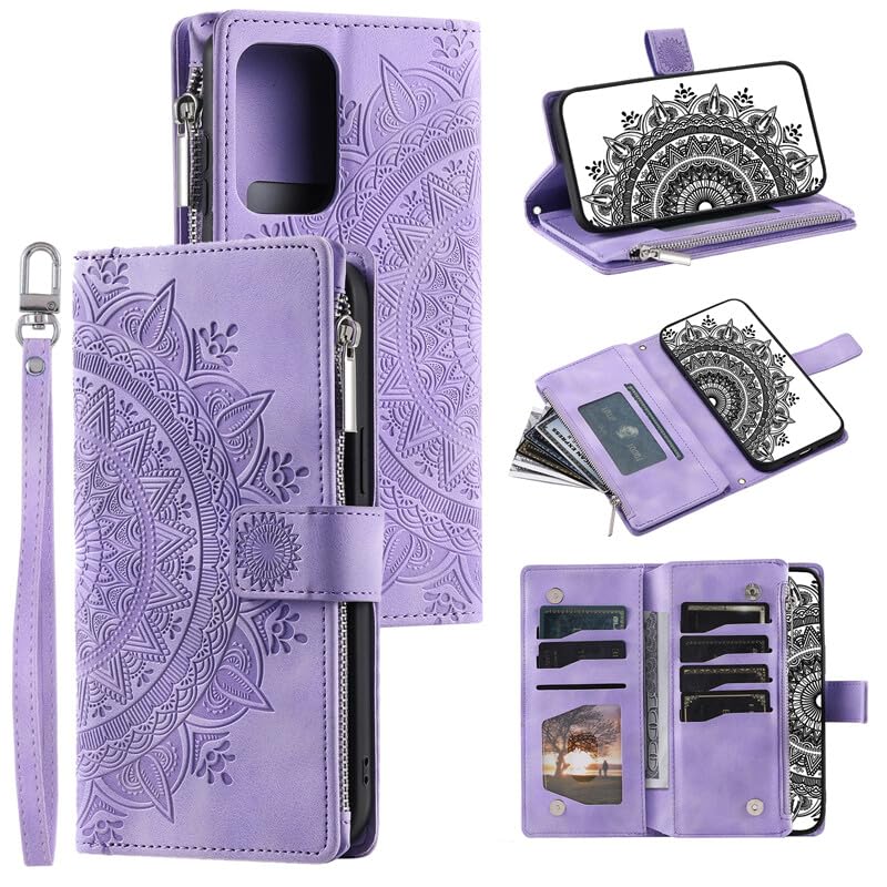 Coque portefeuille Google Pixel 8A en cuir violet gravé de motifs floraux