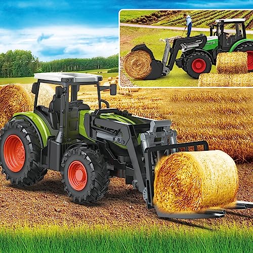 Leopmase Remote Control Tractor Farm Playset 2.4Ghz Electronic RC Tractor with Trailer and Timber Truck, Farm Toys Set with Wood Grabber Multifunctional headers Farmers for Kids Age 3 4 5 6 Years Old