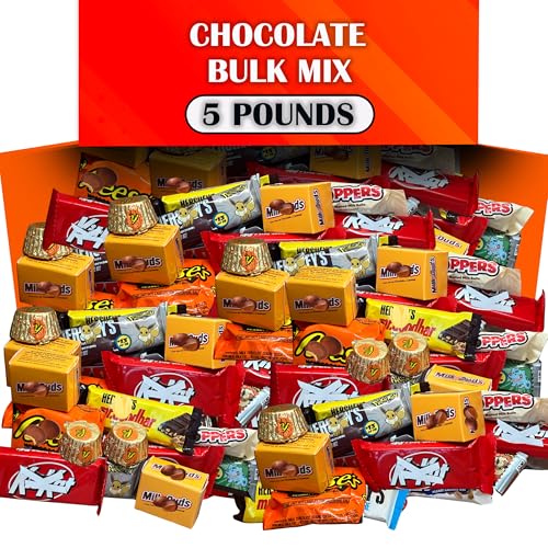 Assorted Chocolate Candy Mix, 5 Lbs Bulk, Individually Wrapped Chocolate Bars Assortment, Variety Mix includes Assorted Hershey Milk Chocolate Snack Size Miniature Bars, for Parties and Office Candy Bowl