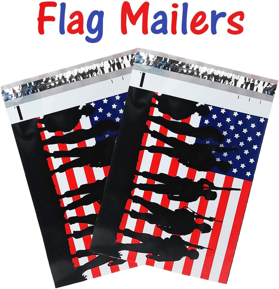 10x13 Solders Poly Mailers, Designer Shipping Bag Custom Boutique Envelopes, Red White and Blue Flag Military Plastic Mailers (100)
