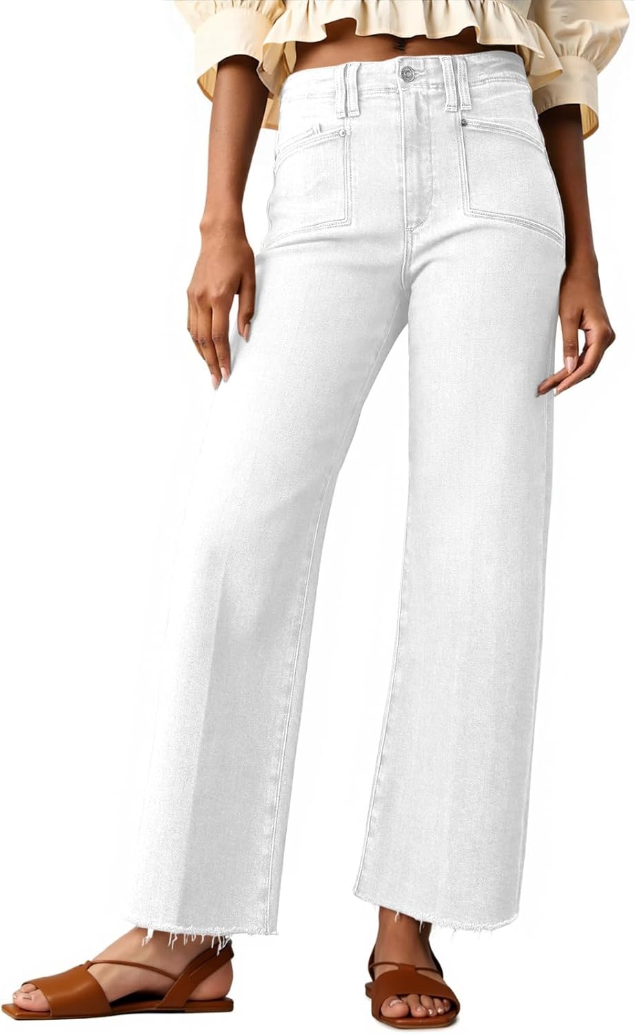 Cicy Bell Womens High Waisted Cropped Jeans Trendy Stretchy Baggy Straight Leg Raw Hem Capri Denim Pants