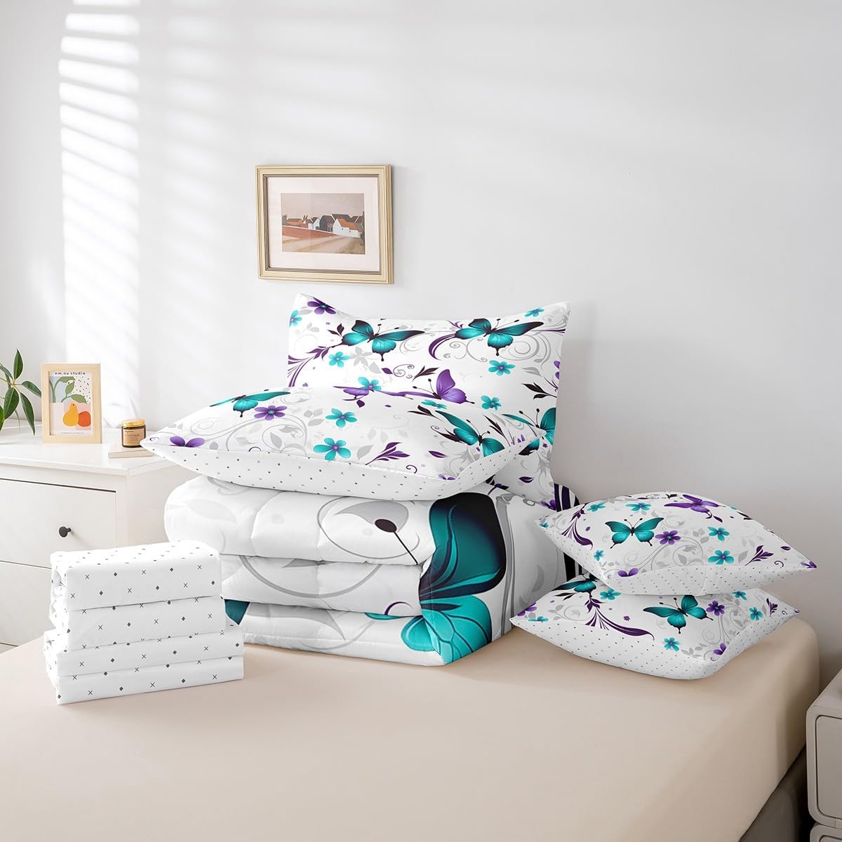 Erosebridal Butterfly Queen Comforter Set with Sheets, 7-Piece Flower Butterfly Bedding Set for Kids Bed in a Bag(1 Comforter, 1 Flat Sheet 1 Fitted Sheet 2 Pillowcases and 2 Throw Pillow Covers)