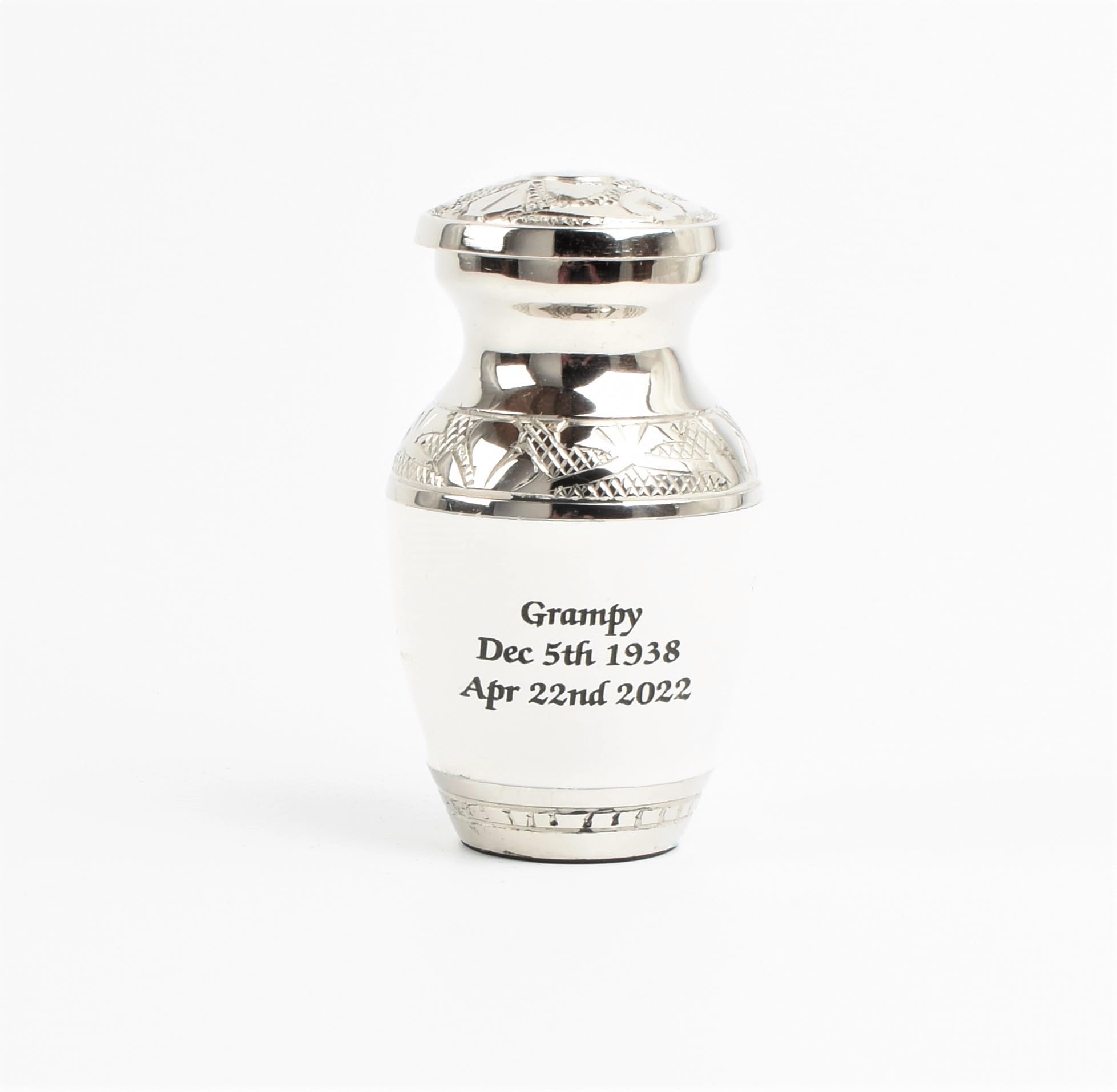 Small Keepsake Urn for Human & Pet Ashes – 3" Memorial Container With Velvet Presentation Gift Box - Capacity 7 Teaspoons - Handcrafted in Metal Aluminium Brass (Classic White - Text Engraved)