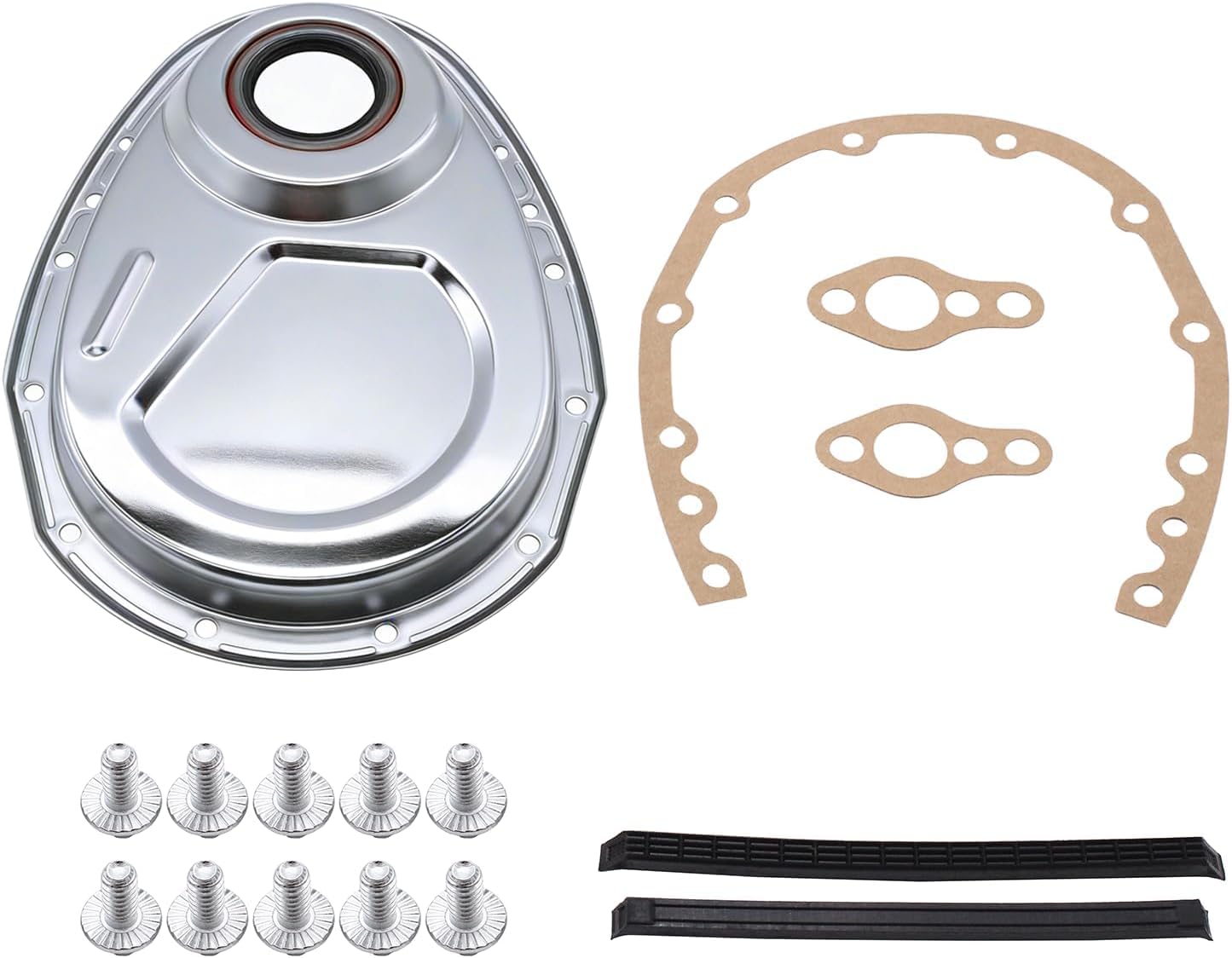1 Set Chrome YUCHENSHLP Timing Chain Cover Kit CNC Aluminum Alloy Chrome SBC Gasket Seal Bolts Set Fits for Small Block Chevy 265 283 327 350 383 400
