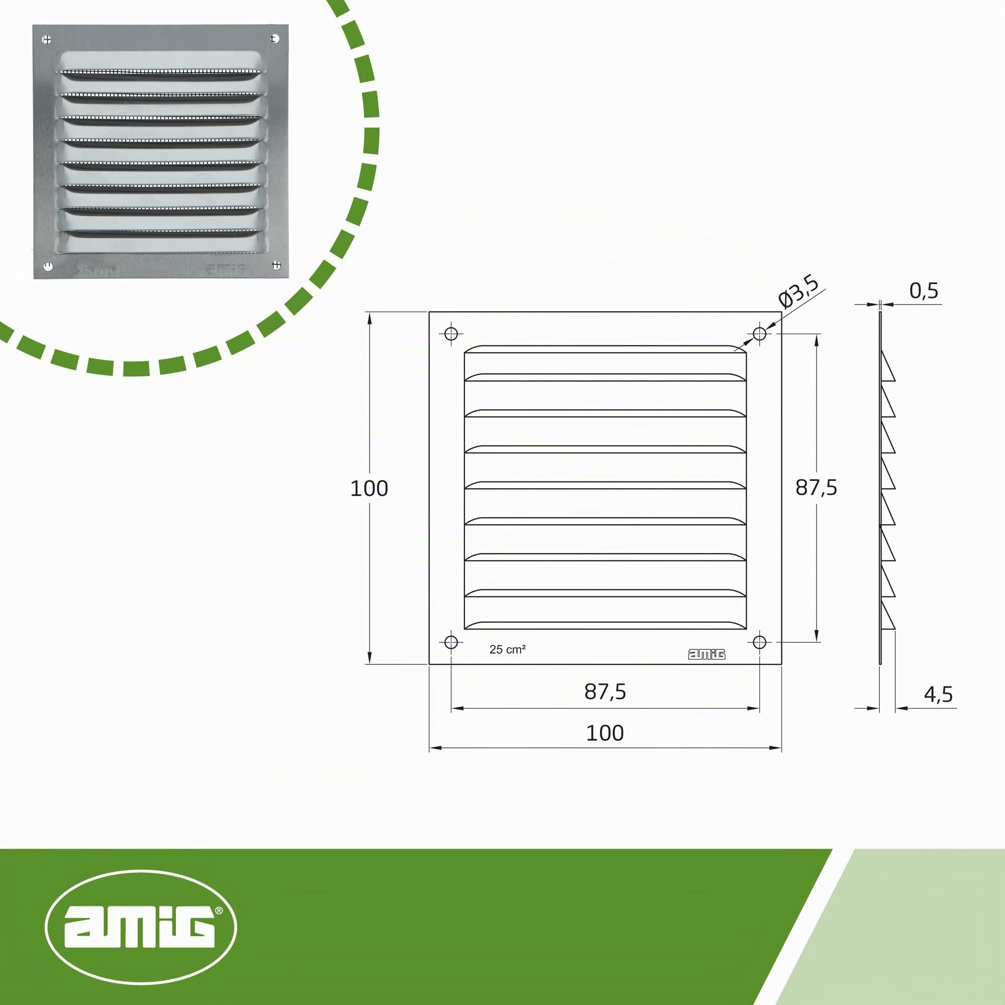 Amig - Griglia ventilazione - Griglia quadrata con zanzariera - Ideale per aerazione cucina e bagno - 100 x 100 mm - Alluminio - Argento