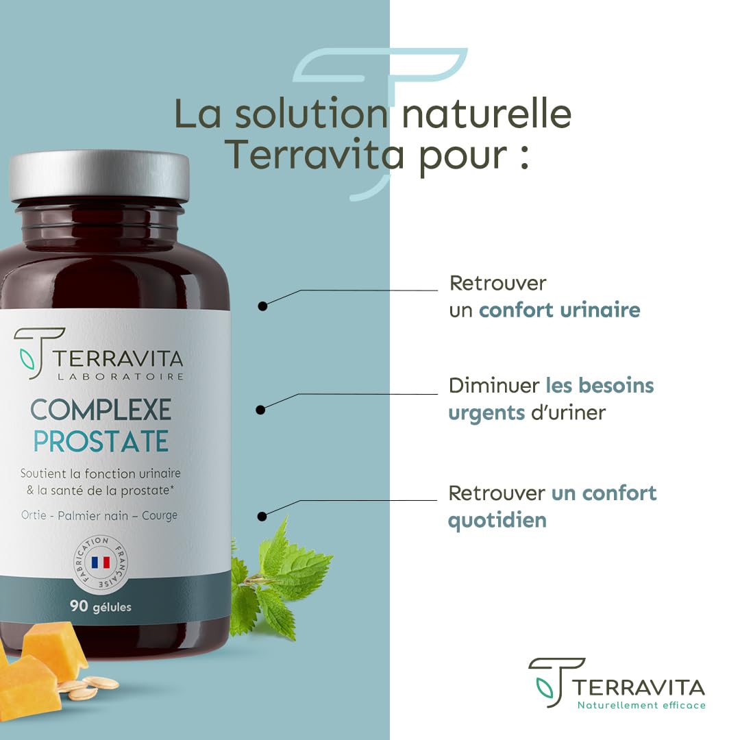 Complexe PROSTATE | Protection de la Prostate et Confort Urinaire Homme | Lutte Naturellement et Efficacement contre l’HBP et les Mictions | Dosage Clinique | 90 Gélules | Made in France | Terravita