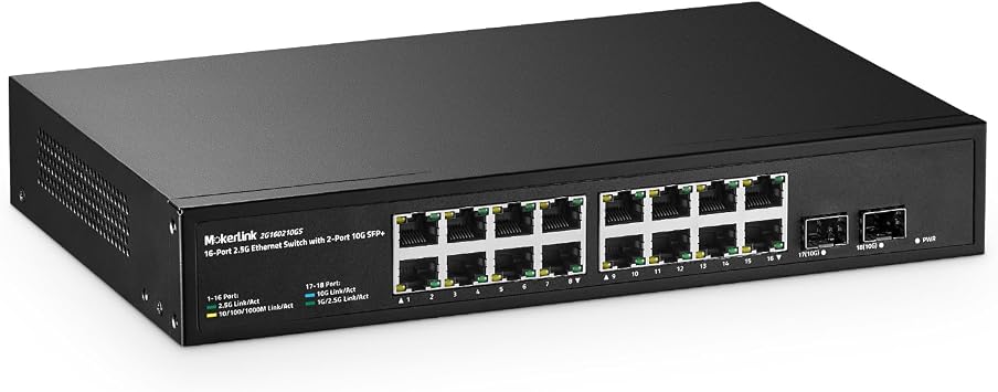 MokerLink 16 Port 2.5 Gigabit Ethernet Switch with 2x10G SFP+, 16 x 2.5G RJ45 Ports Compatible with 10/100/1000Mbps, Metal Unmanaged Fanless Rackmout Network Switch