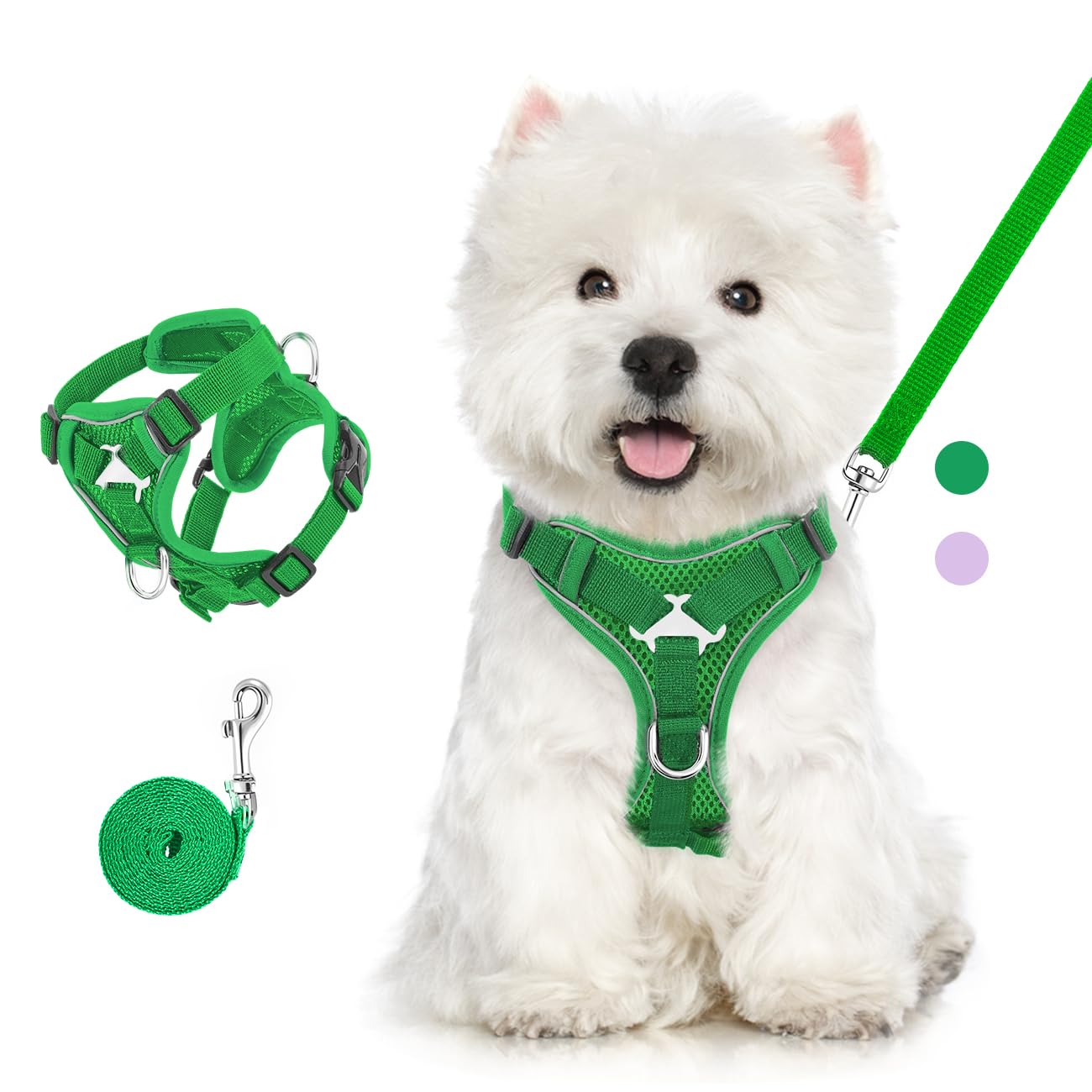 VavoPaw Pettorina per Cani con Guinzaglio da 1,5M, Imbracatura per Gatti Antifuga con Rete Traspirante e Strisce Riflettenti, Gilet Morbido e Regolabile per Cani Gatti, L, Verde Medio