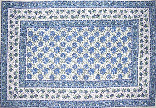 Homestead Lotus Flower Block Print Floral Cotton Tablecloth 90" X 60" Blue #TOP1