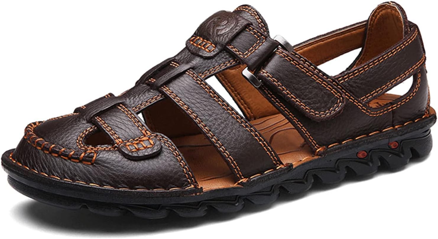 Mens Casual Closed Toe Leather Sandals Outdoor Fisherman Adjustable Summer Shoes