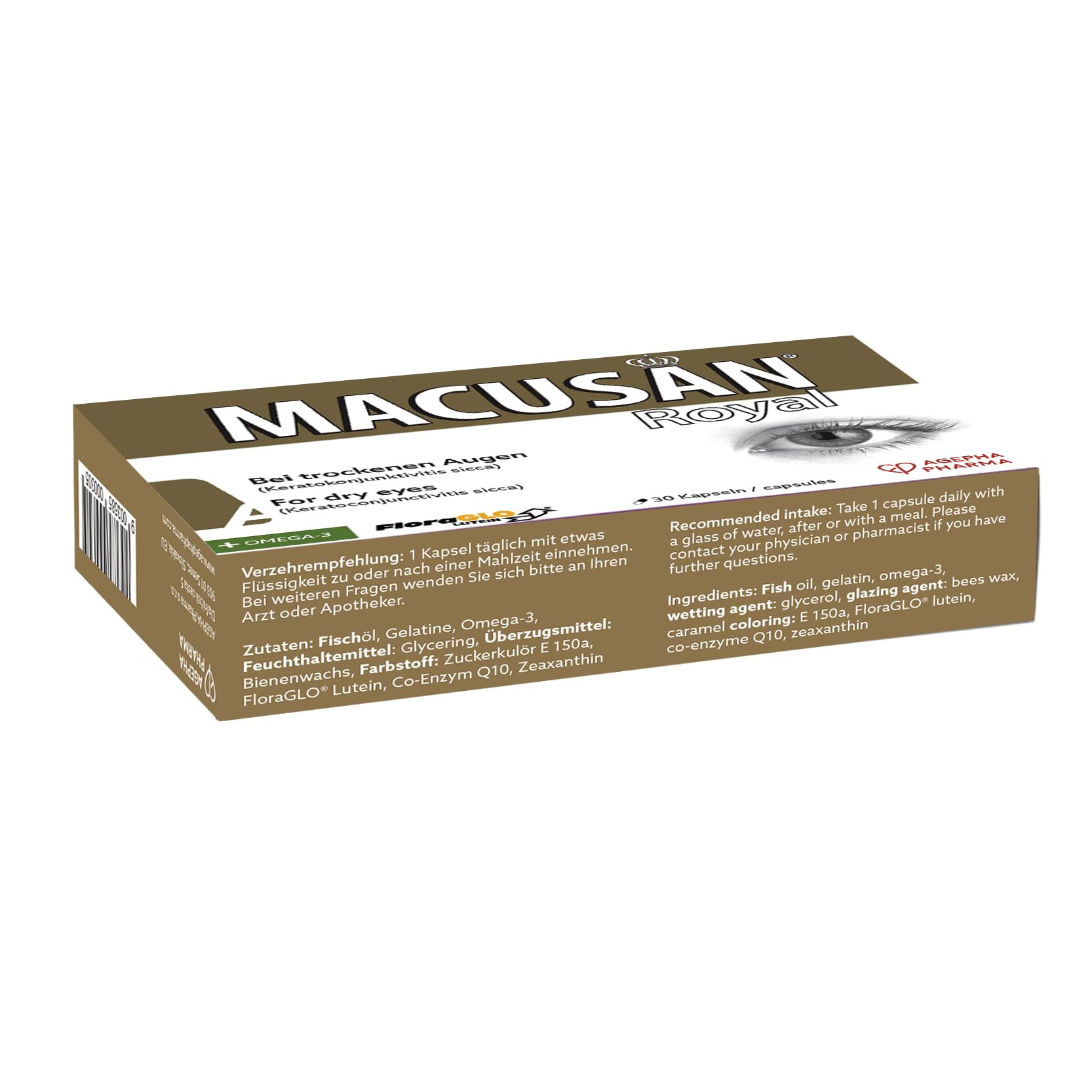 Macusan® Royal - Augenvitamine zur Behandlung bei trockenen Augen - Senkung des Risikos einer Altersbedingten Makuladegeneration (AMD) - Omega-3, Lutein und Zeaxanthin (30 Kapseln)