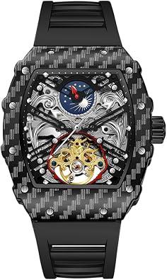 Men Black Skeleton Automatic Mechanical Watch Luxury Tourbillon Hollow Vintage Watches Tonneau Dial Silicone Strap Wristwatch