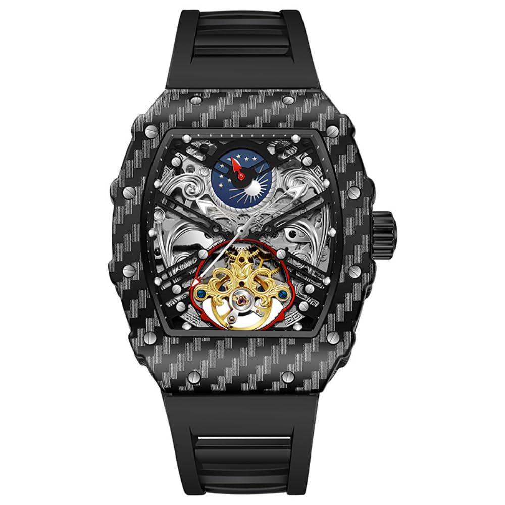 Męski czarny szkielet automatyczny zegarek mechaniczny luksusowy Tourbillon Hollow Vintage zegarki Tonneau cyferblat silikonowy pasek zegarek na rękę