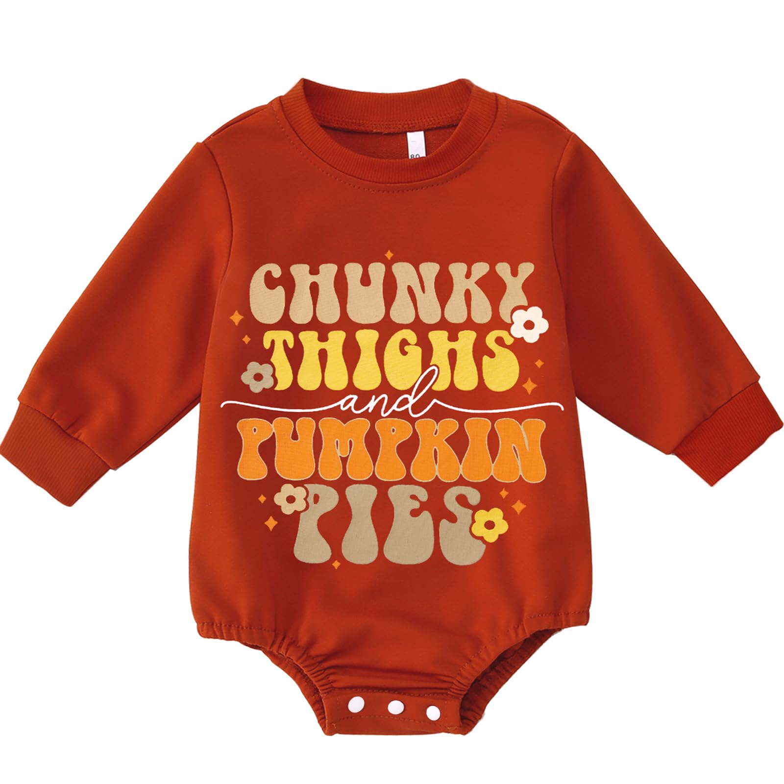 SOFEON Infant Baby Girls Thanksgiving Romper Chunky Thighs And Pumpkin Pies Outfits Bubble Sweatshirt Onesie Fall Clothes(Orange-02,18-24M)