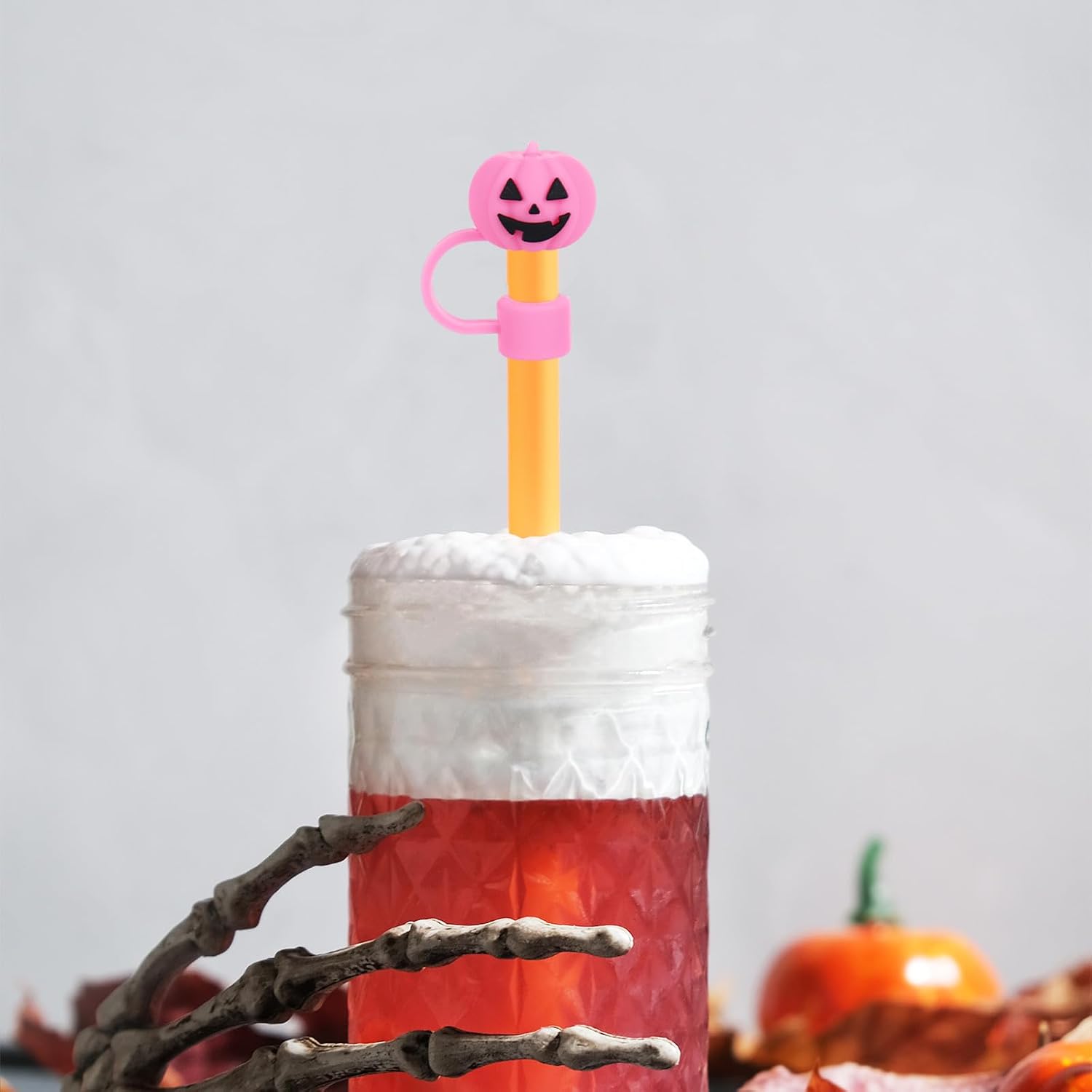 Whaline 4 Pcs Halloween Straw Cover Cap Purple Orange Pink Pumpkin Reusable Silicone Straws Topper 10 Mm/0.4 Inch Straw Tip Lid Protector for 30/40 Oz Tumbler Cup Accessories