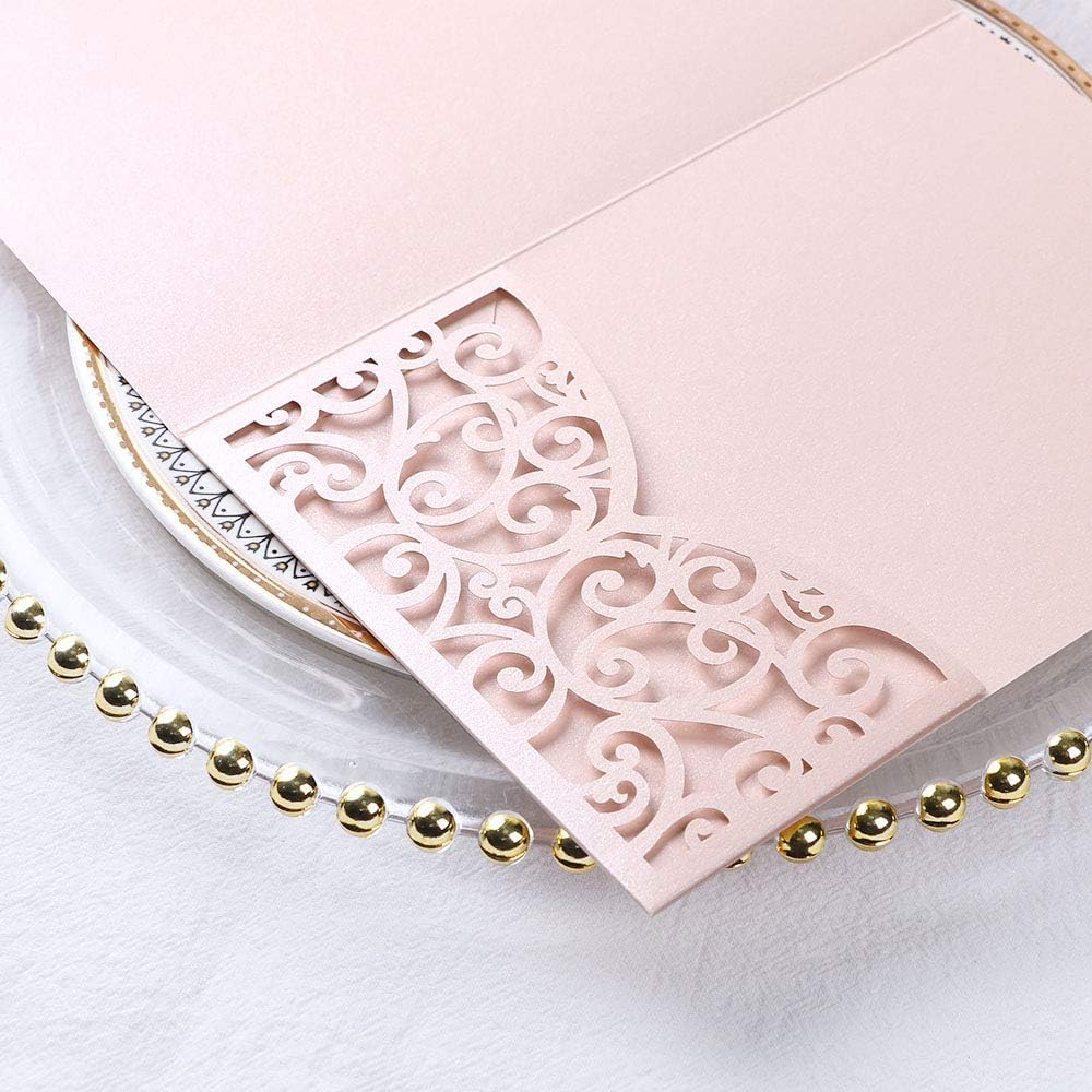 ponatia 5.12 x 7.2 Inches 20PCS Tri-Fold Laser Cut Wedding Invitation Pocket with Envelopes for Wedding Bridal Shower Engagement Birthday Invite (Blush Pink, 20pcs No Inner Sheet)