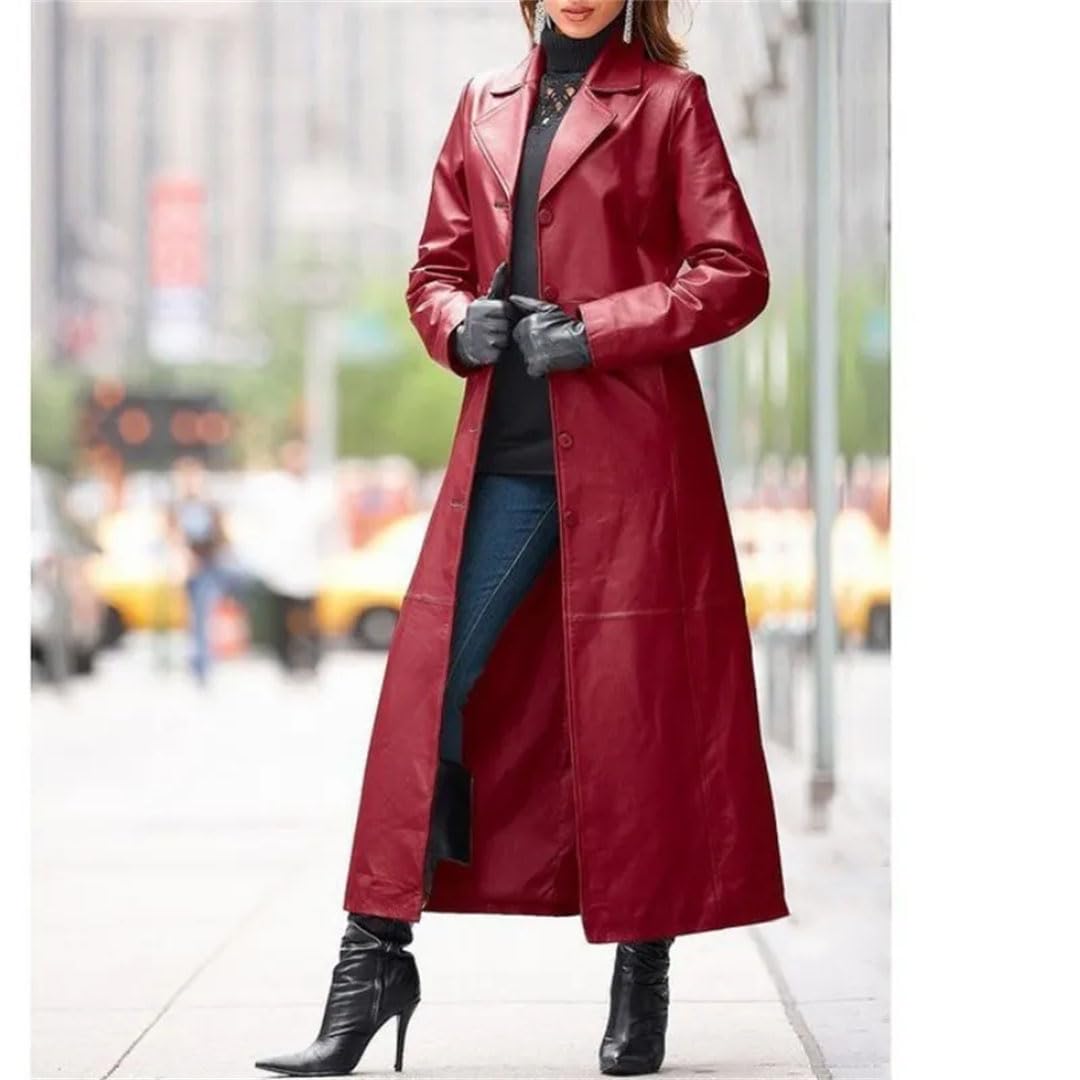Suwequest Abrigo de cuero sin cinturón con solapa para mujer, abrigo largo, gabardina de cuero delgado, chaqueta de color sólido con solapa de moda