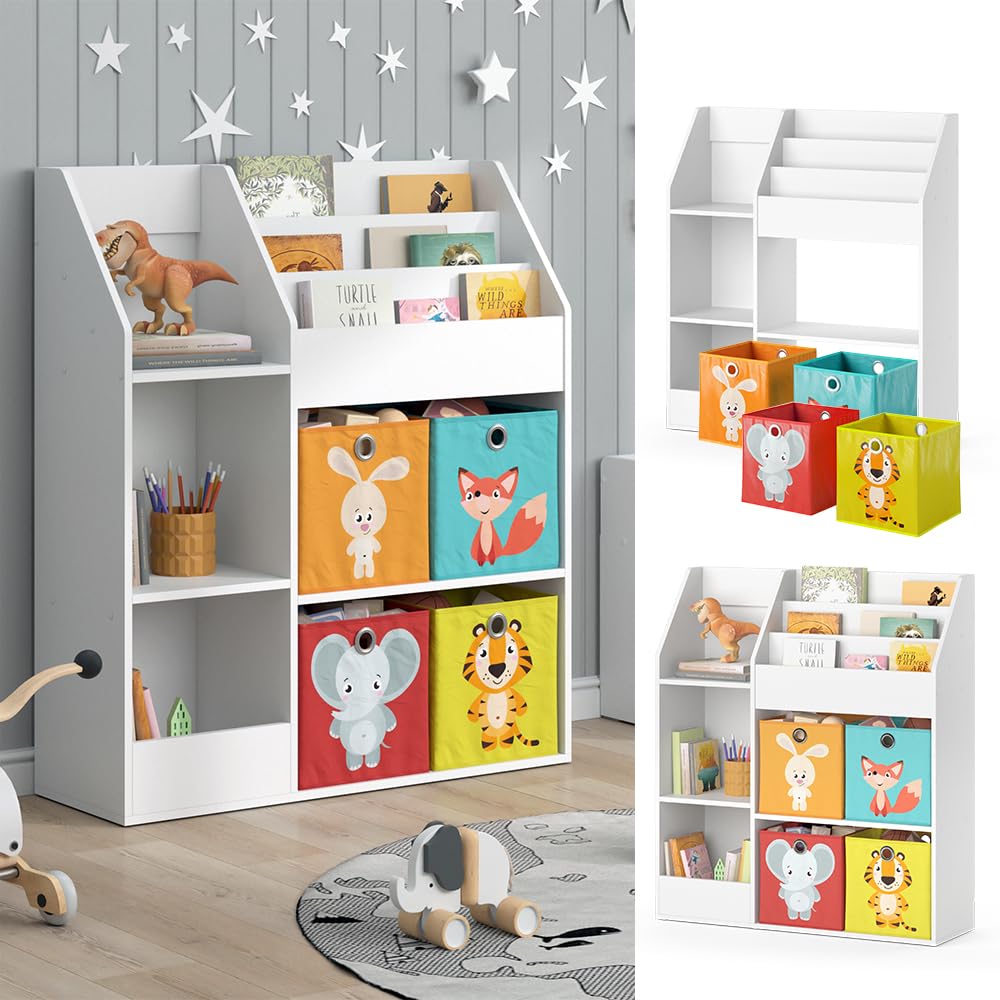 Vicco Bibliothèque Enfant Luigi, Blanc, 100.4x114.2cm avec 4 boîtes Pliantes (Multicolores), combinable pour Le Rangement des Jouets et des Livres