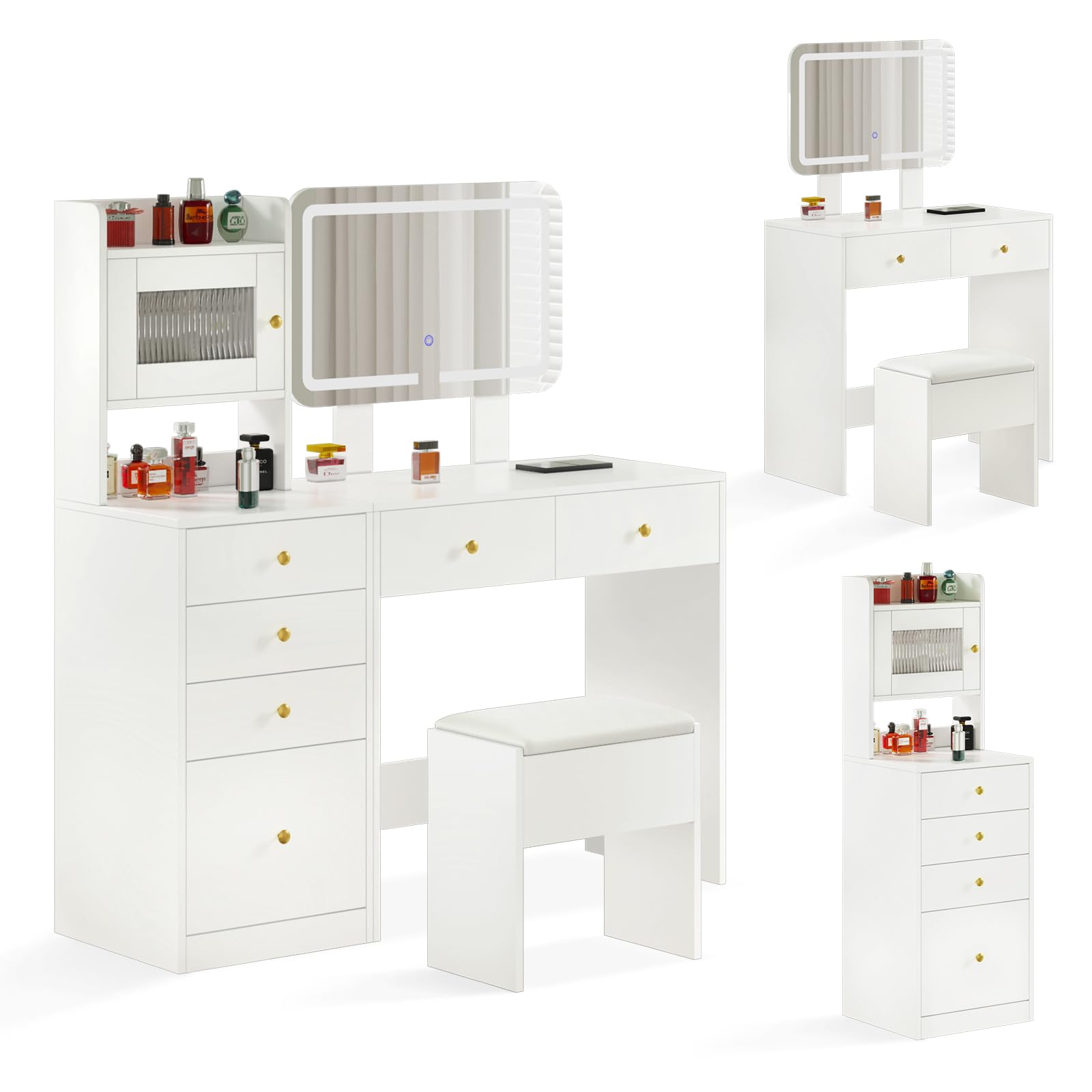 Dressing Table with Mirror and Stool Set, Modern Vanity Desk Makeup Table with Lights Mirror Color & Height Adjustable, Bedroom White Cosmetics Dresser with Shelves and 6 Drawers for Girls Women