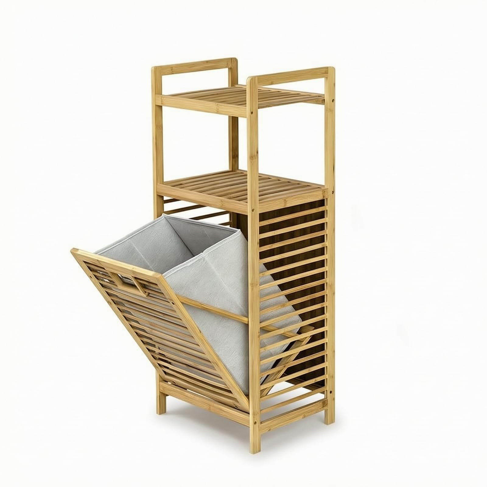 Cesta Porta Bucato Organizzatore Scaffalatura Portasciugamani Ripiano Portabiancheria Mobile Verticale in Bambù con Cesto Tilting Integrato per