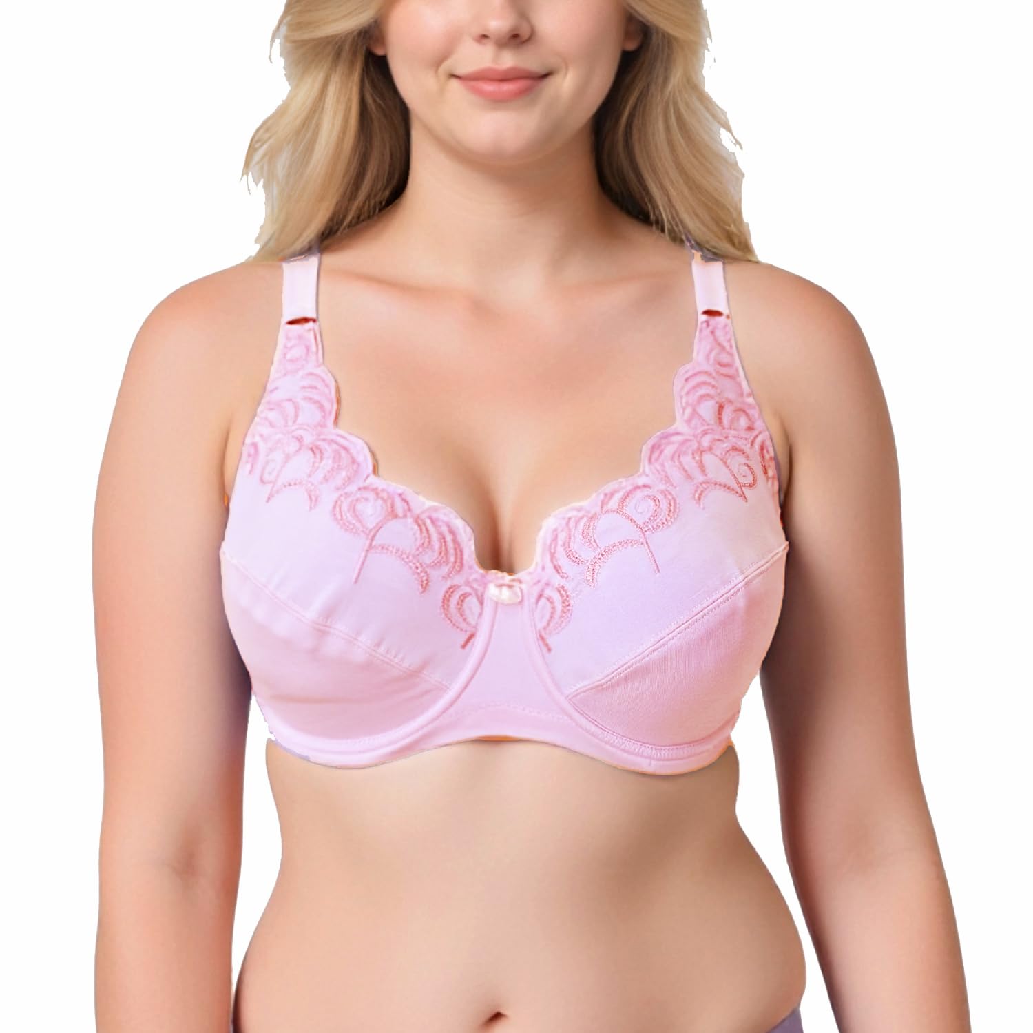 Womens Plus Size Soft Cotton Embroidery Unlined Full Coverage Underwire Bra