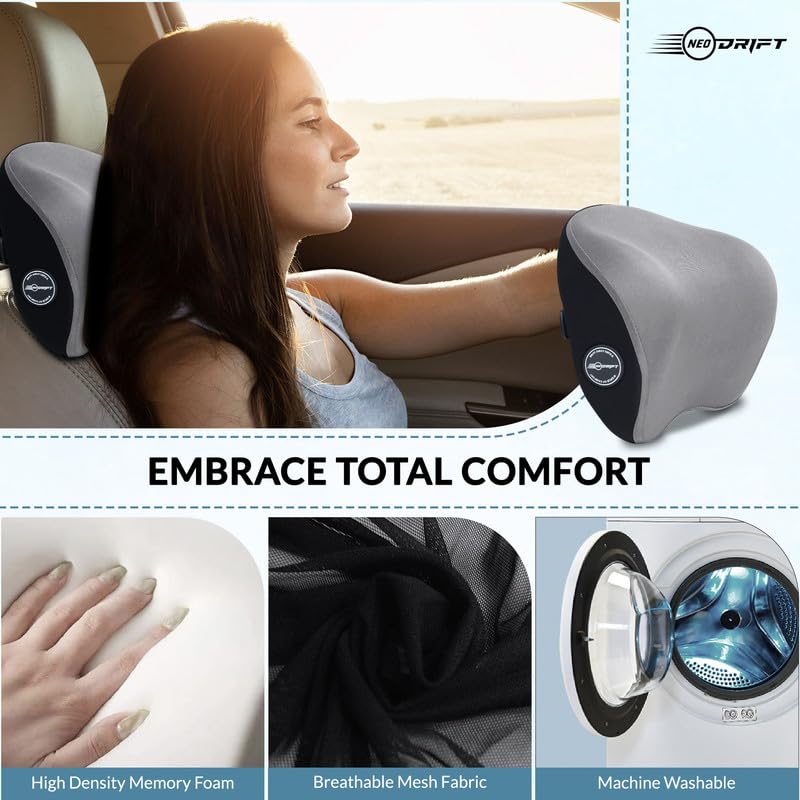 Image of Neodrift 'CurveNeck Pro' (Set of 2) | (Color - Gray) (Neck Rest Cushion Orthopedic Velvet Memory Foam Pillow for Neck, Head, Shoulder Support) Pain Relief for Car