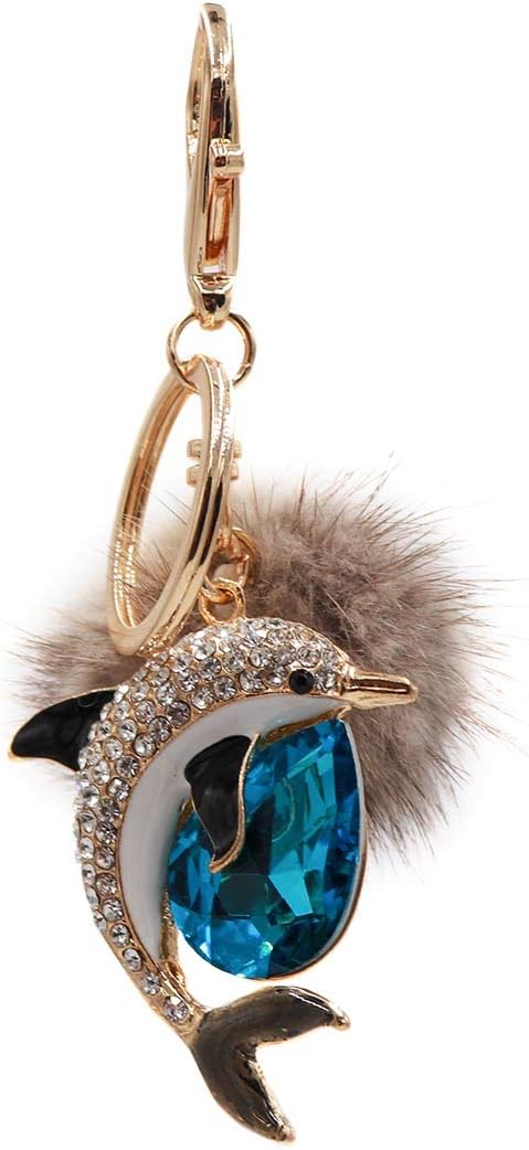 surell Genuine Mink Fur Dolphin Keychain - Cute Sparkly Pompom Sea Animal Accessory - Fluffy Fur with Keyring