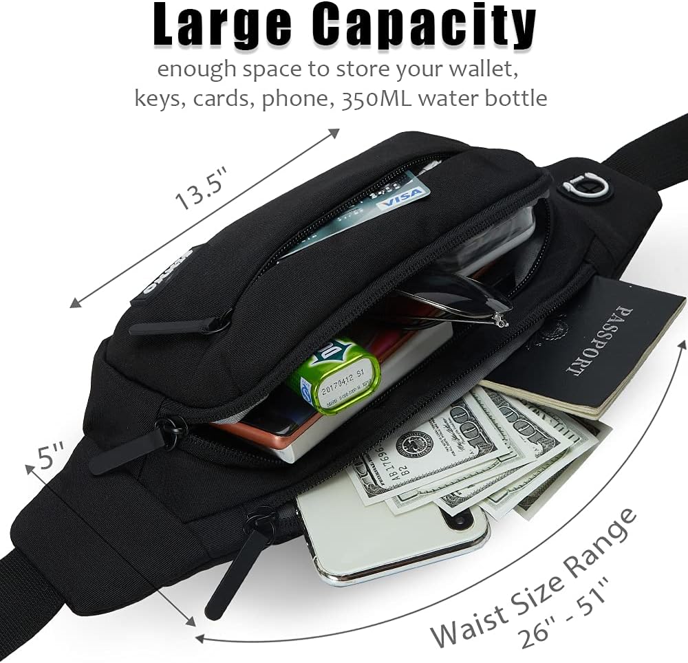 SINNO Black Mens Fanny Packs for Women Fashionable Waterproof Gifts for Running Sport Workout Hiking Travel Crossbody Plus Size Waist Pack Phone Bag Wallets Purse Carrying All Phones : Sports & Outdoors