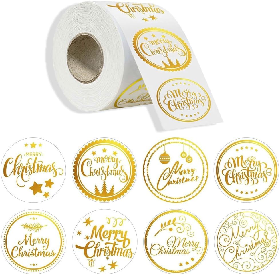 Merry Christmas 1.0 Inch Clear Sticker Labels Roll | 500Pcs Gold Foil Xmas Gift Tags for Party Favors | Adhesive Labels for Small Business Supplies