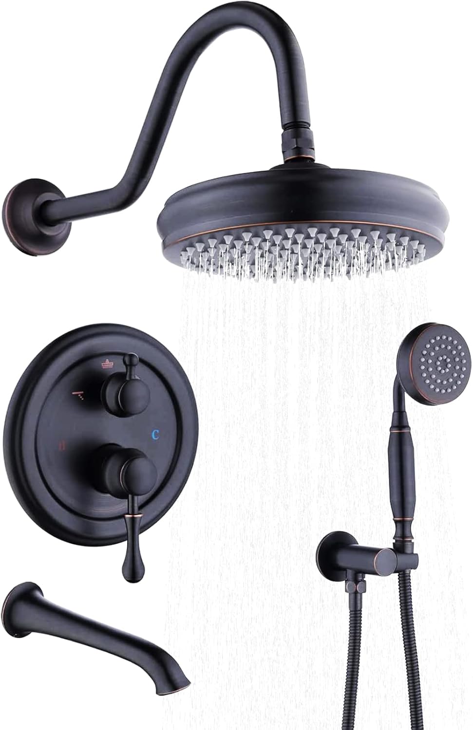( incomplete missing hose ) Enga Oil Rubbed Bronze Antique Brass Tub Shower Faucet Fixture Shower System, 8inch Wall Mount Rain Shower with Spout and Hand Spray