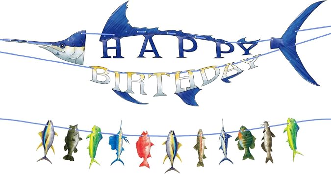 WERNNSAI Fishing Happy Birthday Party Banner - Gone Fishing String Hanging Banner with Pre-strung Fishing Banner Supplies for Boys Litter Fisherman Birthday Party Hanging Wall Decorations