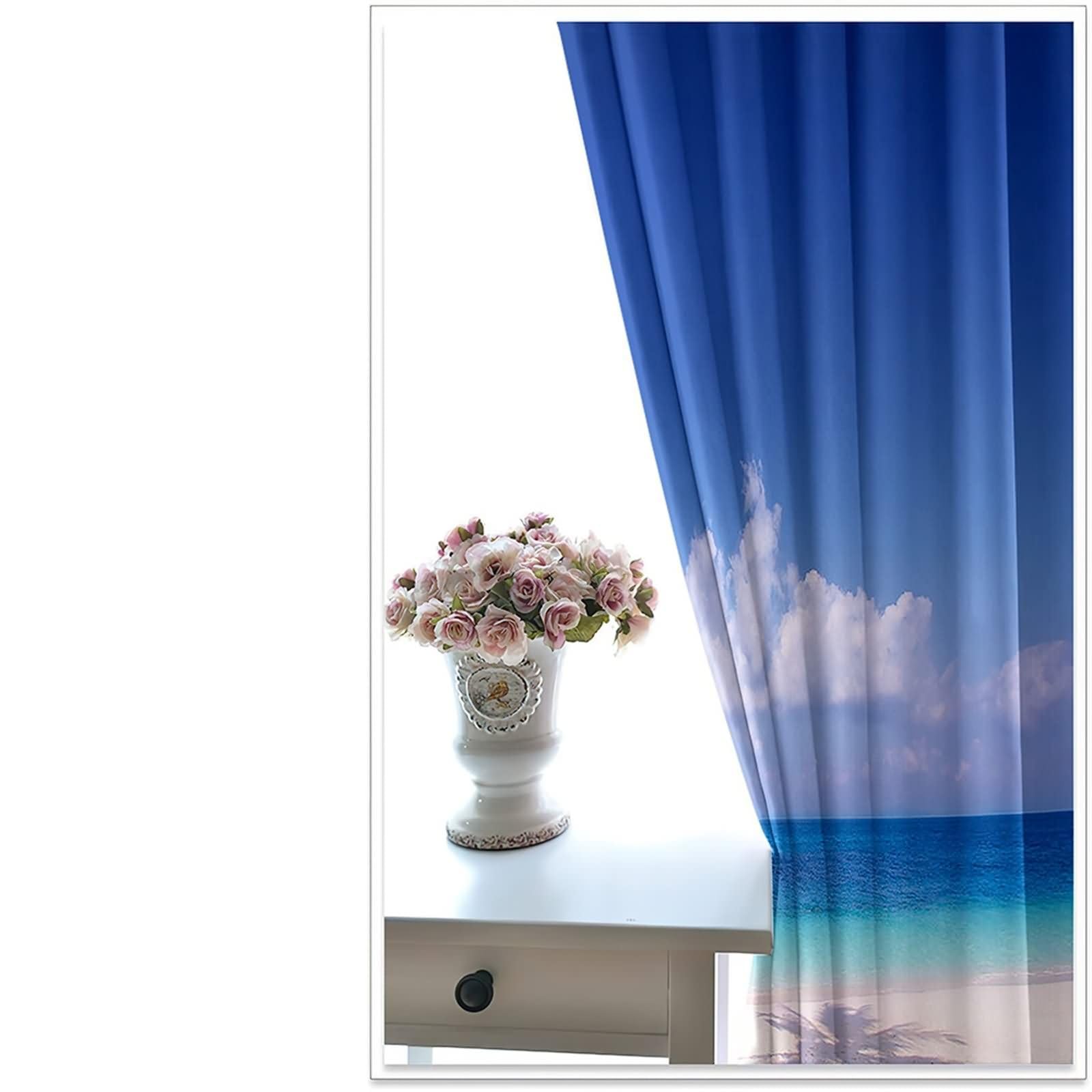 Zasłony nieprzezroczyste do pokoju młodzieżowego, zestaw 2 sztuk, 2 x 86 W x 183 cm (wys. x szer.), zasłony do sypialni, na przelotkach, na plaży palmowej, krajobrazu, niebieskie, zielone