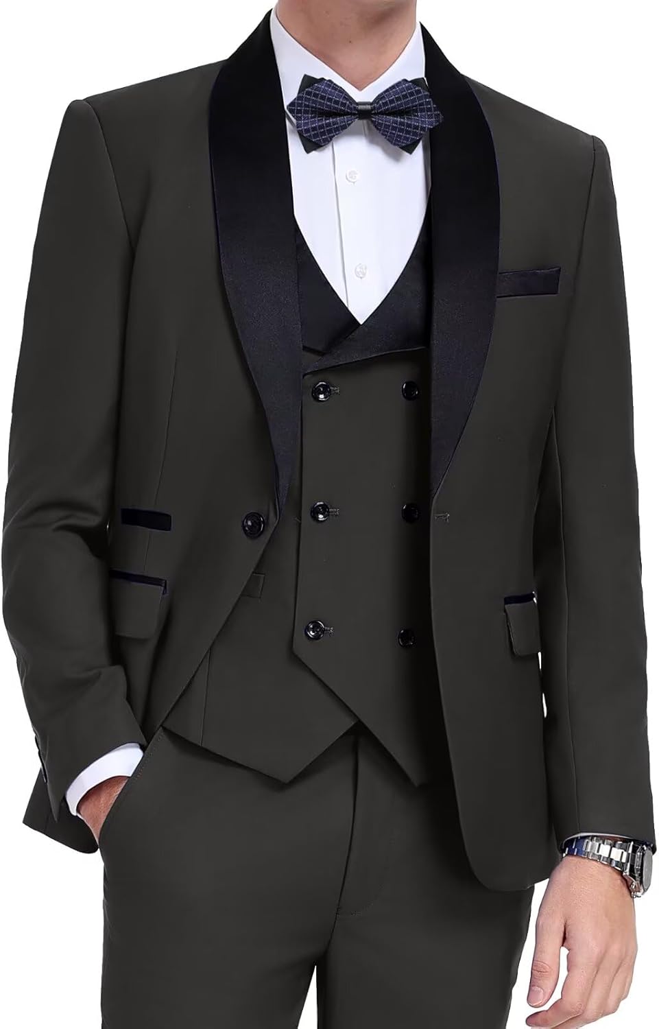 Men's Tuxedo 3 Piece Slim Fit Suit One Button Shawl Lapel Blazer Wedding Prom Jacket Double Breaste Vest Pants