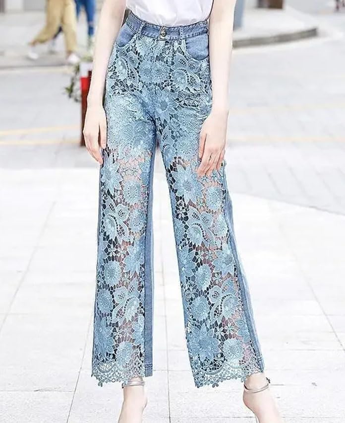 High Rise Denim Pants for Women Lace Patchwork Hollow Out Fashion Elegant Jeans Casual Loose Summer Pants3