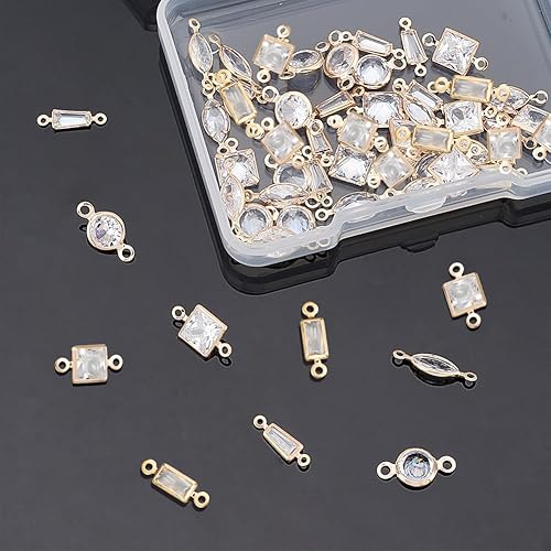 Miniatura 3 de NBEADS 60 dijes de eslabones de circonita cúbica de 6 estilos, dijes de latón micro pavimentar eslabones de circonita cúbica transparentes,