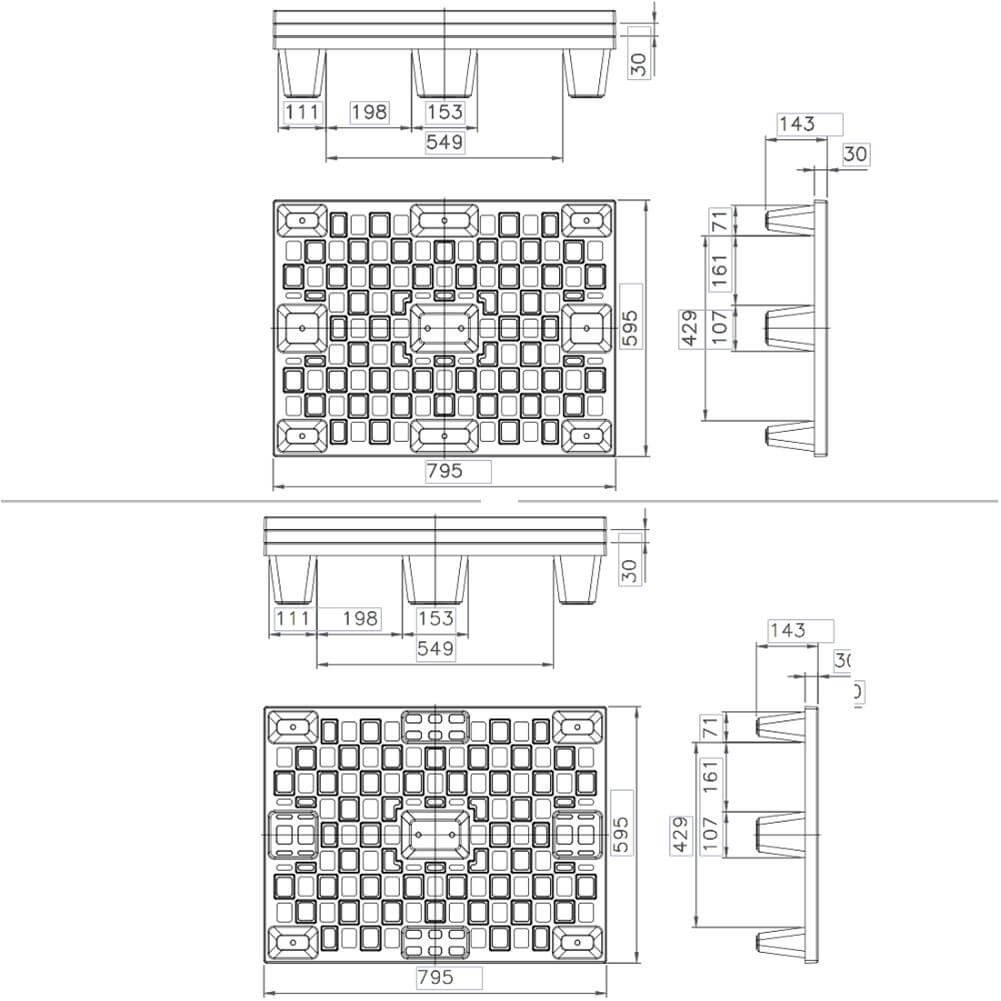 Pallet in plastica riciclata (PP), Mis. 600 L x 800 P x 140 H mm, con 5 piedi, piano forato, portata statica 1100 Kg, portata dinamica 500 Kg
