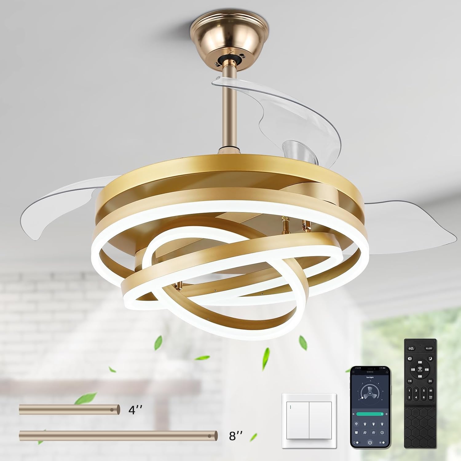 Retractable Ceiling Fan with Lights and Remote/APP Control,Dimmable,Timer Setting,6 Speed,42 Inch Modern Chandelier Ceiling Fan for Bedroom/Living Room/Kitchen/Kis Room/Patio