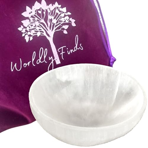 Worldly Finds Selenite Crystal Smudge Bowl 4 Inch, 6 Sizes, Hand-Carved, Moroccan Crystal Holder to Charge, Cleanse Crystals, Charging, Smudging Bowl, Spiritual Gifts, Wicca Supplies (4" Large) - 4" Large