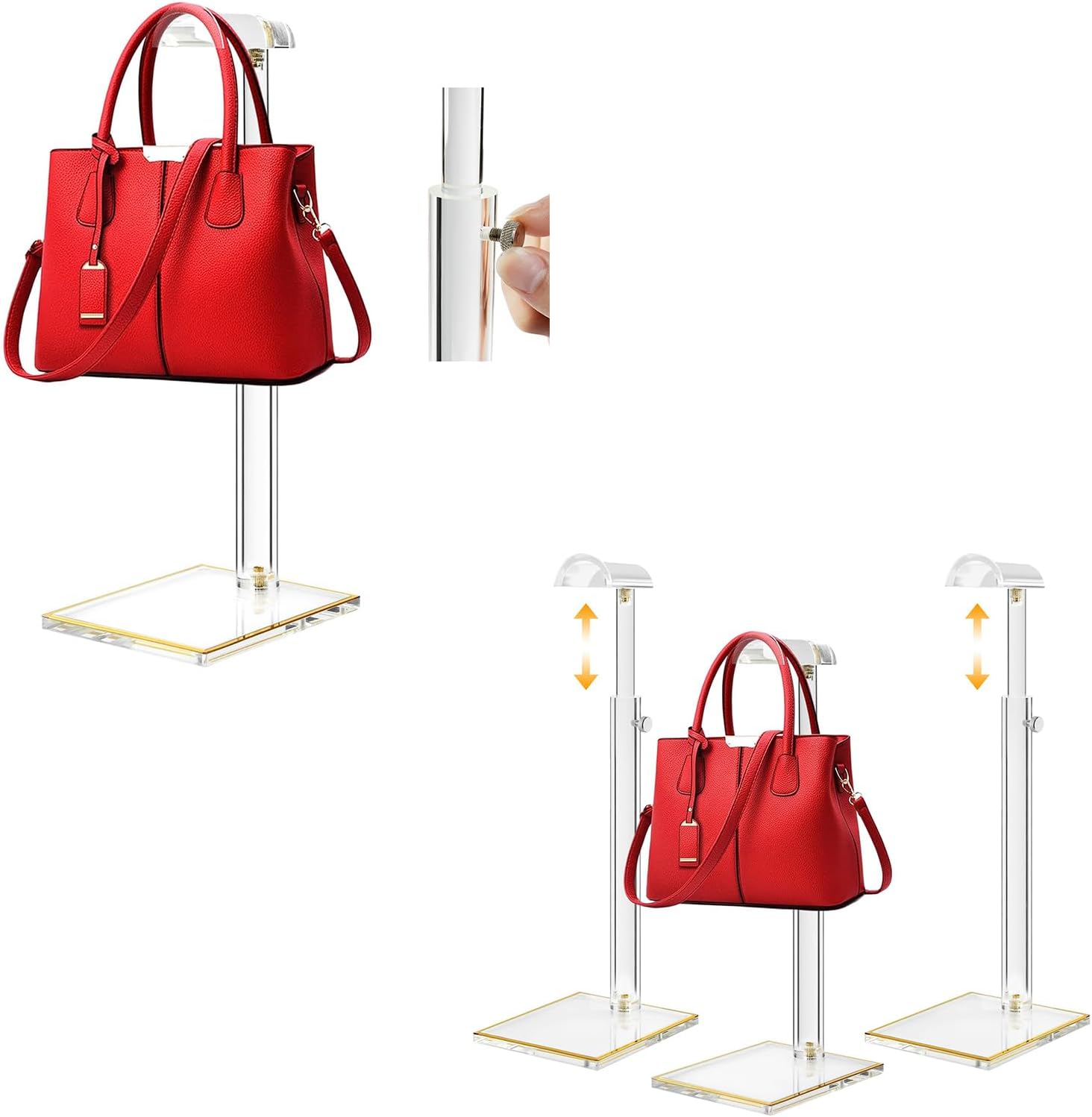 Purse Stands, Acrylic Purses Display Stand and 3 Pack 14" to 24" Adjustable Height Clear Purse Holder Stand,
